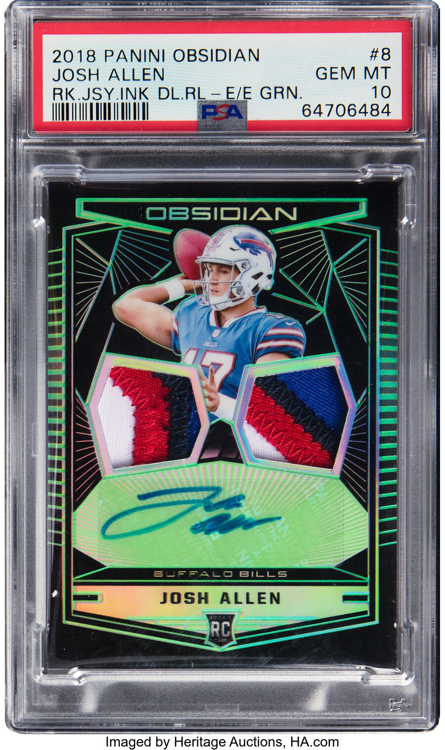 2018 Panini Obsidian Josh Allen (Rookie Jersey Ink Dual Relics-Electric Etch Green) #8 PSA Gem Mint 10 - #'d 15/25, Pop. 1!