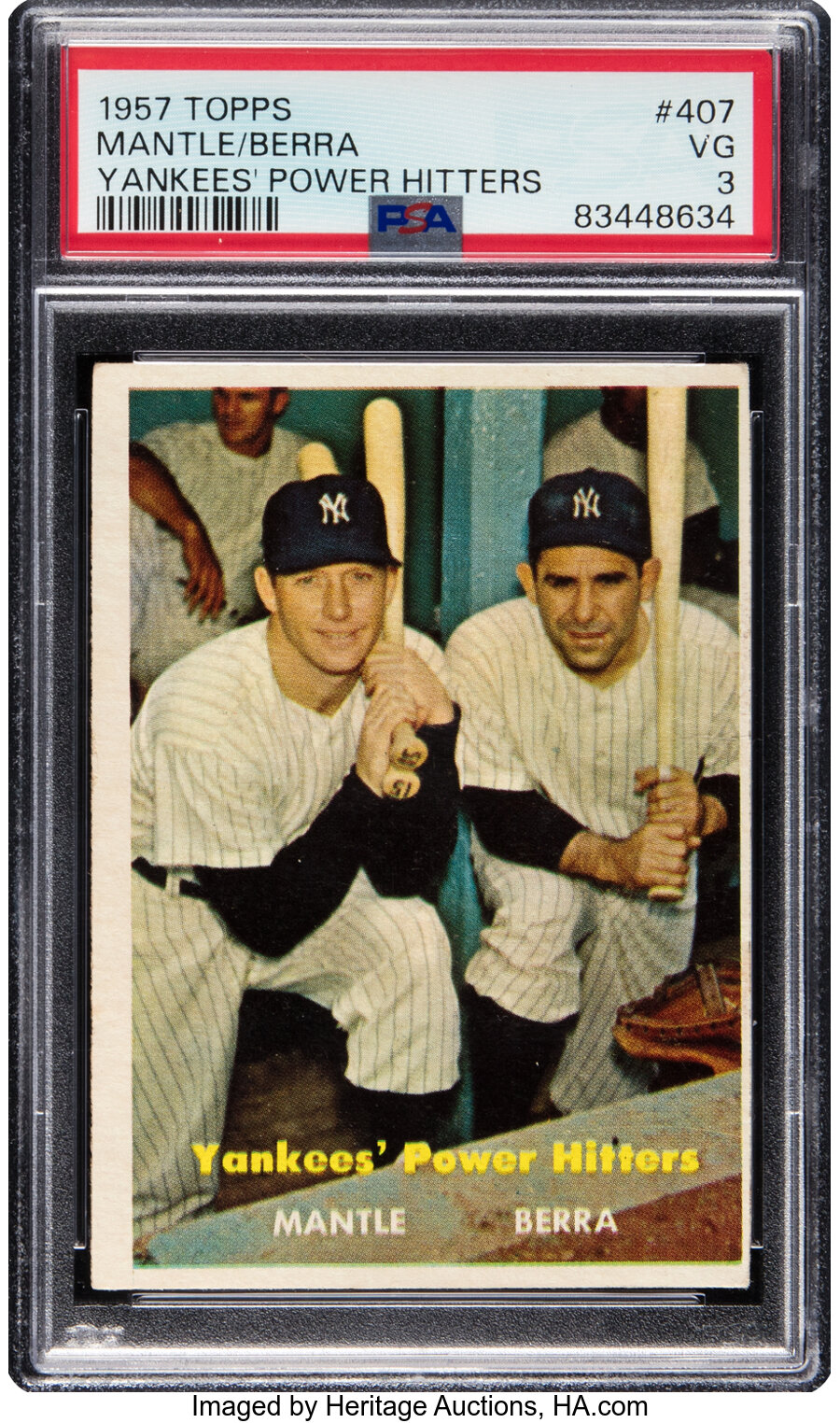 1957 Topps Yogi Berra & Mickey Mantle "Yankees' Power Hitters" #407 PSA VG 3