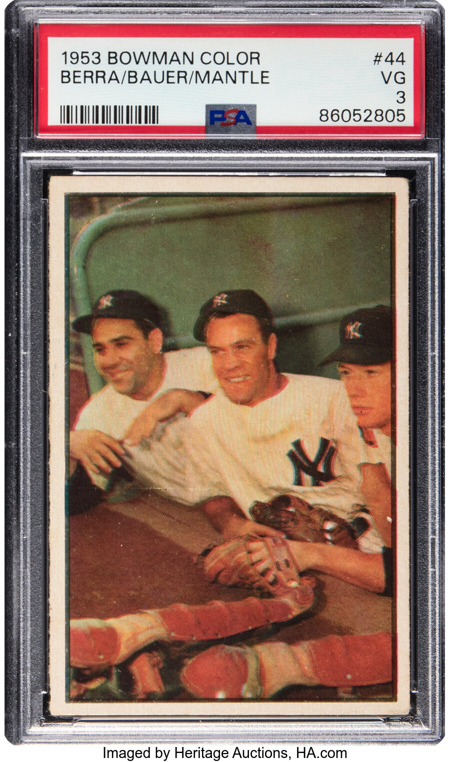 1953 Bowman Color Yogi Berra, Hank Bauer, Mickey Mantle #44 PSA VG 3