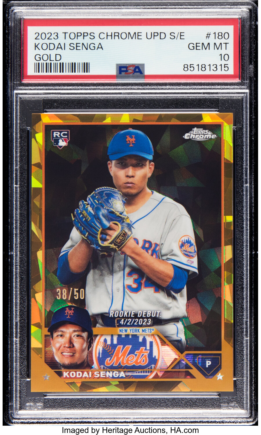 2023 Topps Chrome UPD Sapphire Edition Kodai Senga (Gold) Rookie #180 PSA Gem Mint 10 - #'d 38/50