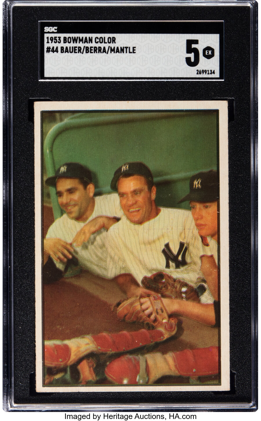 1953 Bowman Color Yogi Berra, Hank Bauer, Mickey Mantle #44 SGC EX 5