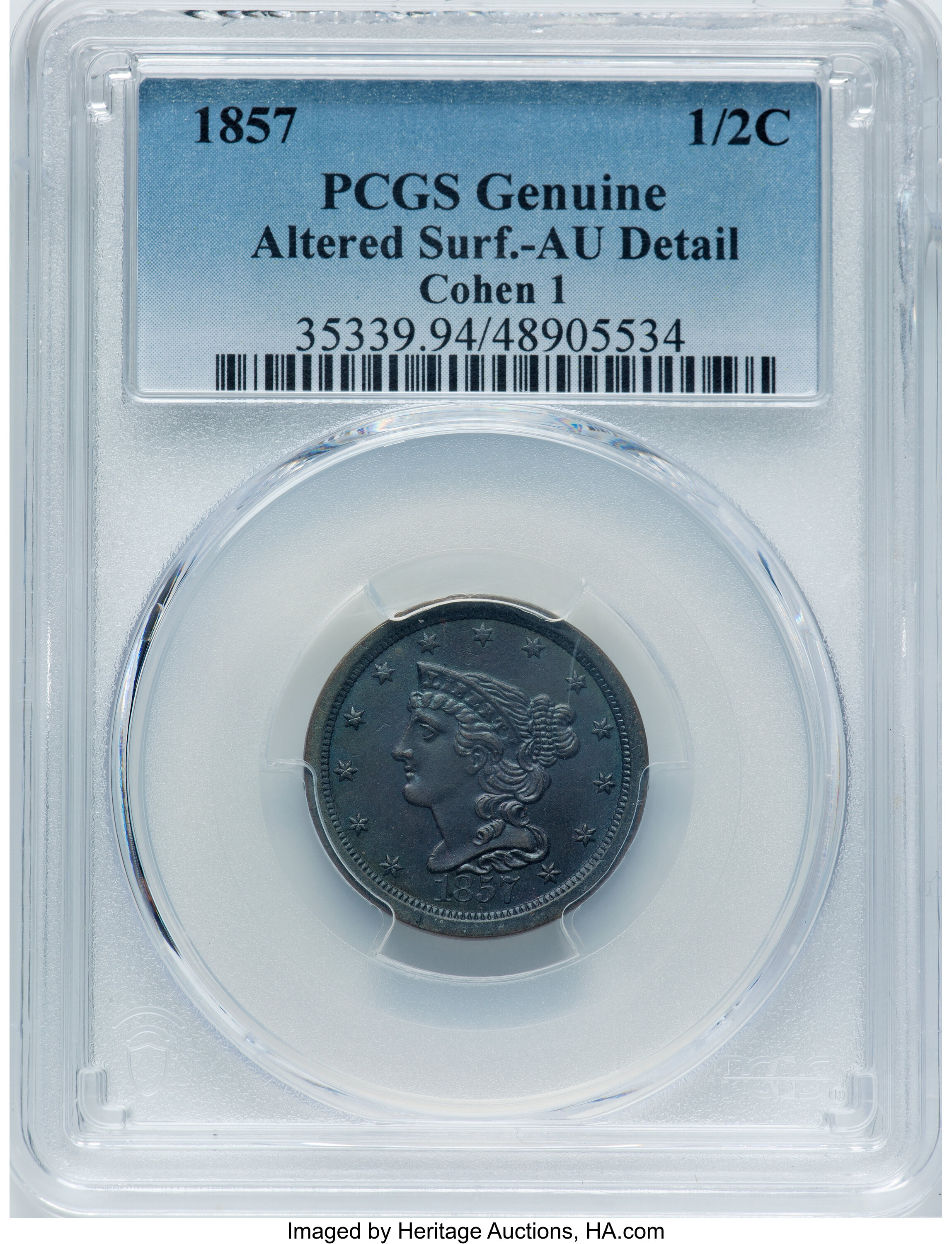 1857 1/2 C C-1, B-1, R.2 -- Altered Surfaces -- PCGS Genuine. AU | Lot ...