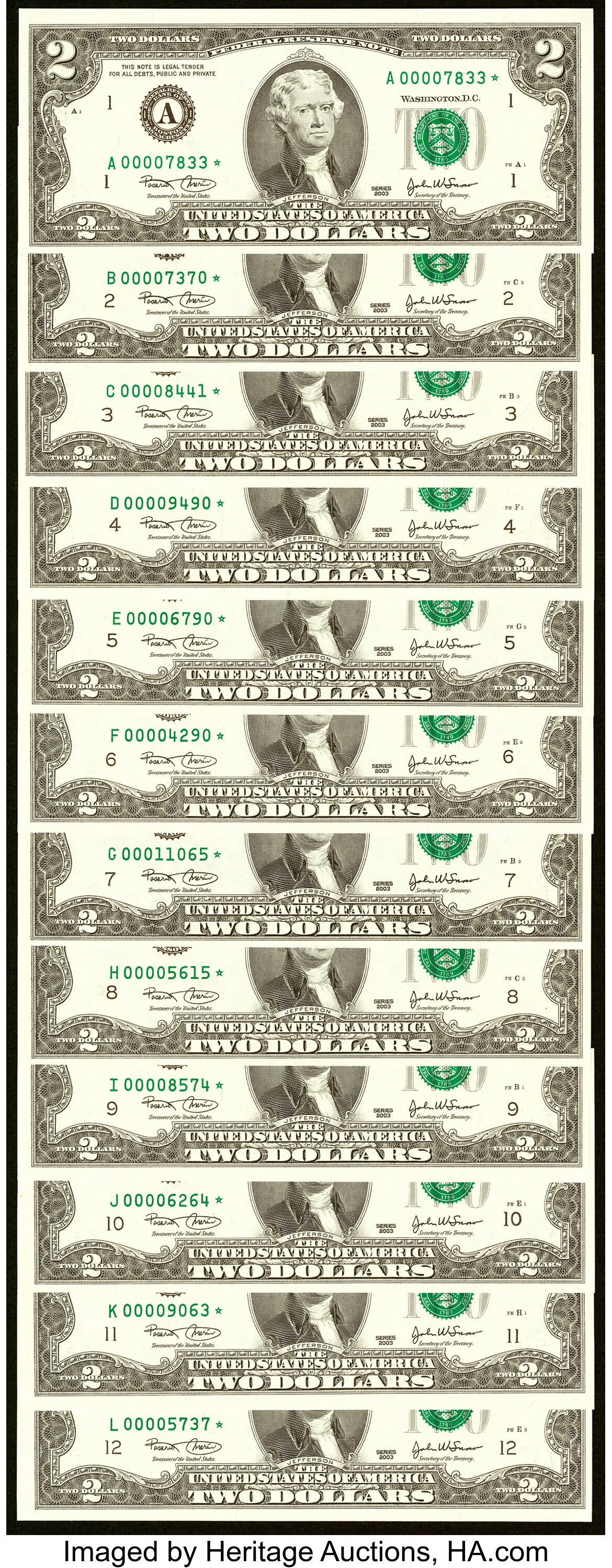 BEP Series 2003 $2 Single Star Note Set Fr. 1937-A*-L* $2 2003 | Lot ...