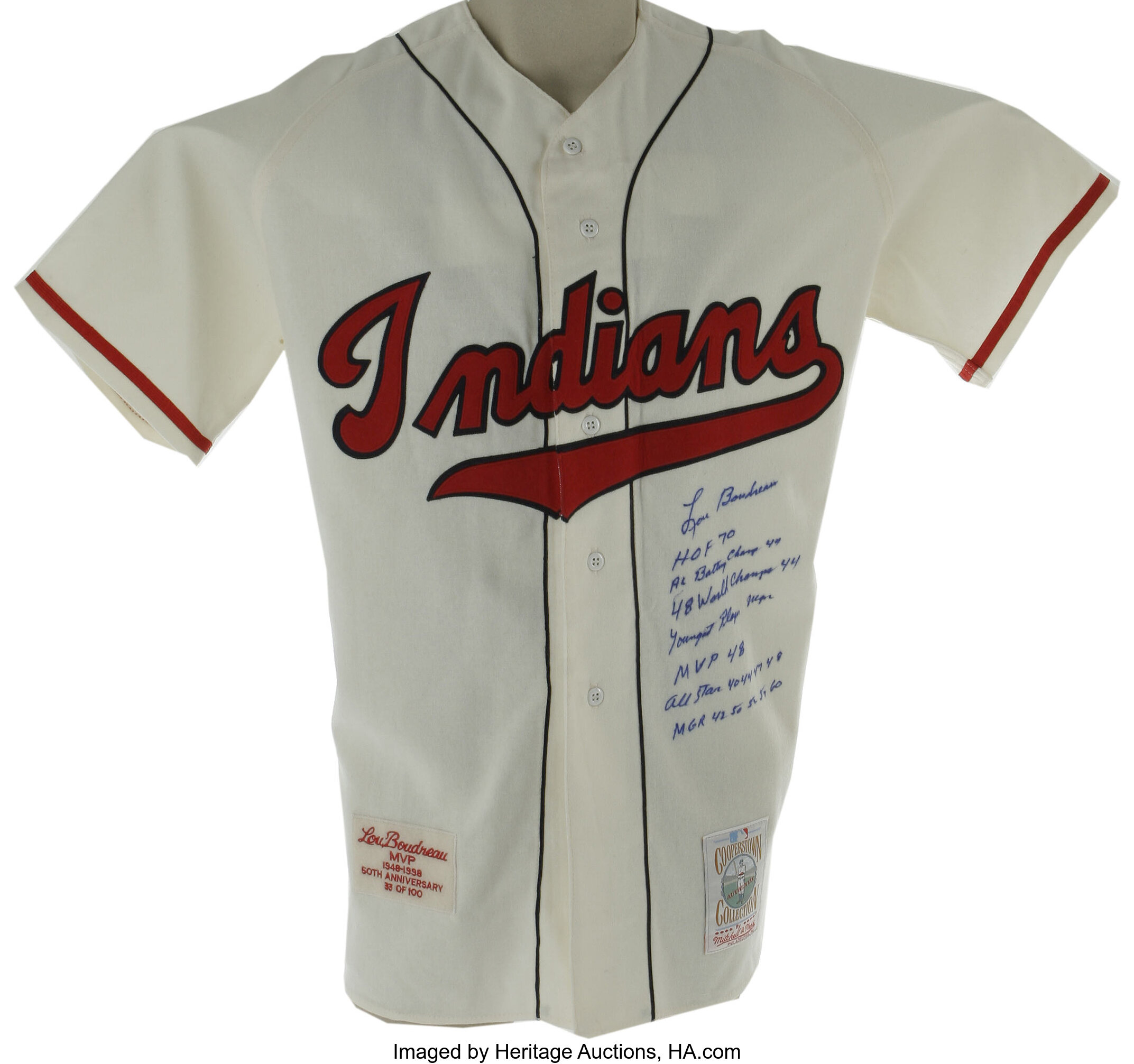 Lou Boudreau Signed Throwback Stat Jersey. One of the finest