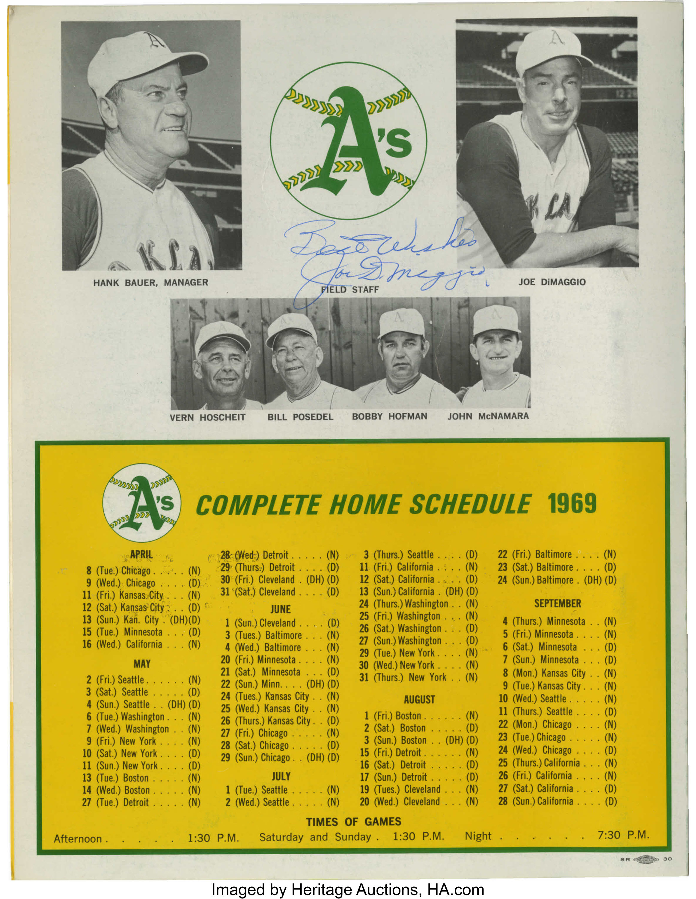 1969 Oakland A's Official Scorecard Signed by Joe DiMaggio. For