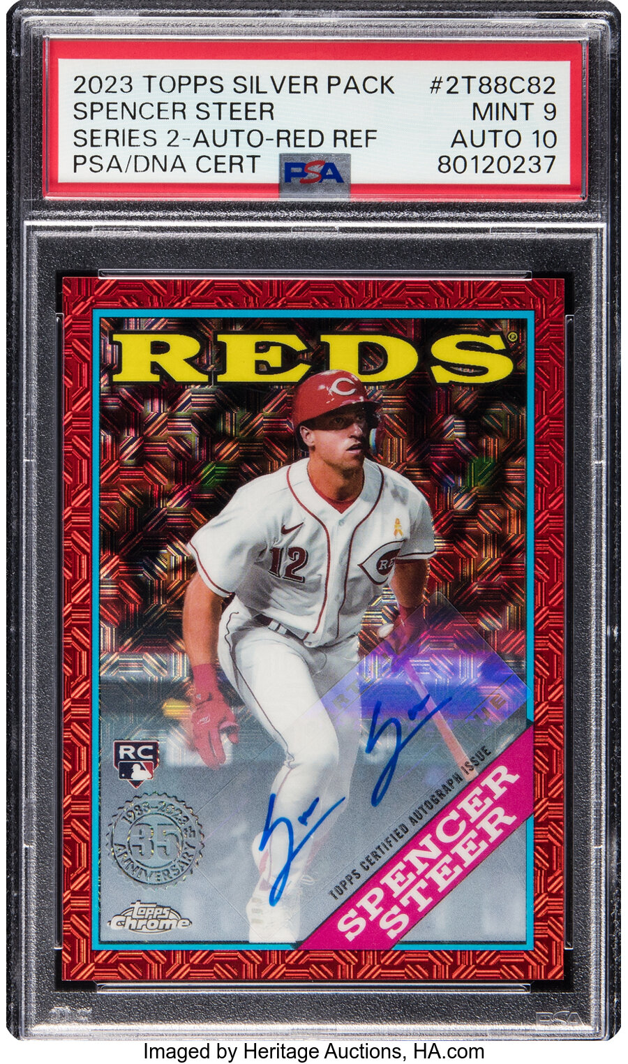 2023 Topps Silver Pack Spencer Steer (Series 2 Autograph Red Refractor) #2T88C82 PSA Mint 9, PSA/DNA Auto 10 - #'d 3/5