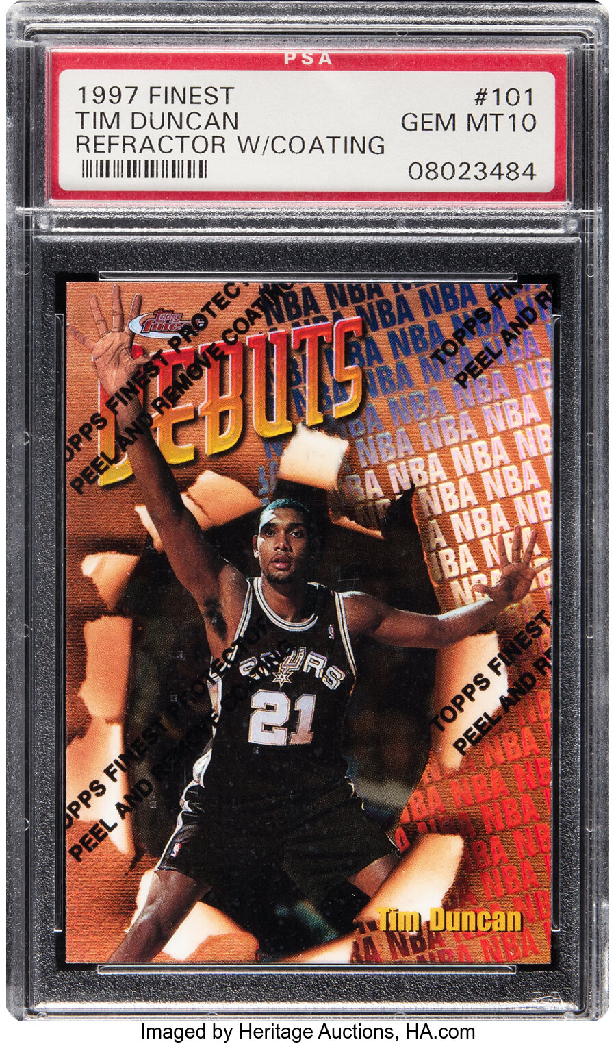 1997 Topps Finest Tim Duncan (Refractor with Coating) Rookie #101 PSA Gem Mint 10