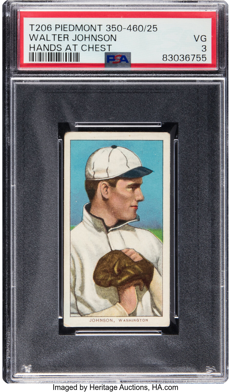 1909-11 T206 Piedmont 350-460/25 Walter Johnson (Hands At Chest) PSA VG 3 -- From the Ramsburg Collection