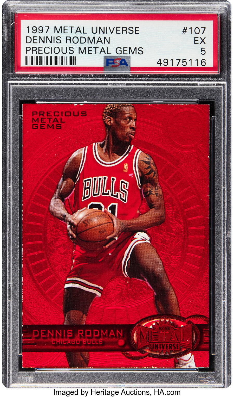 1997 Skybox Metal Universe Dennis Rodman (Precious Metal Gems) #107 PSA EX 5 - #'d 080/100 - Pop One, Eight Higher