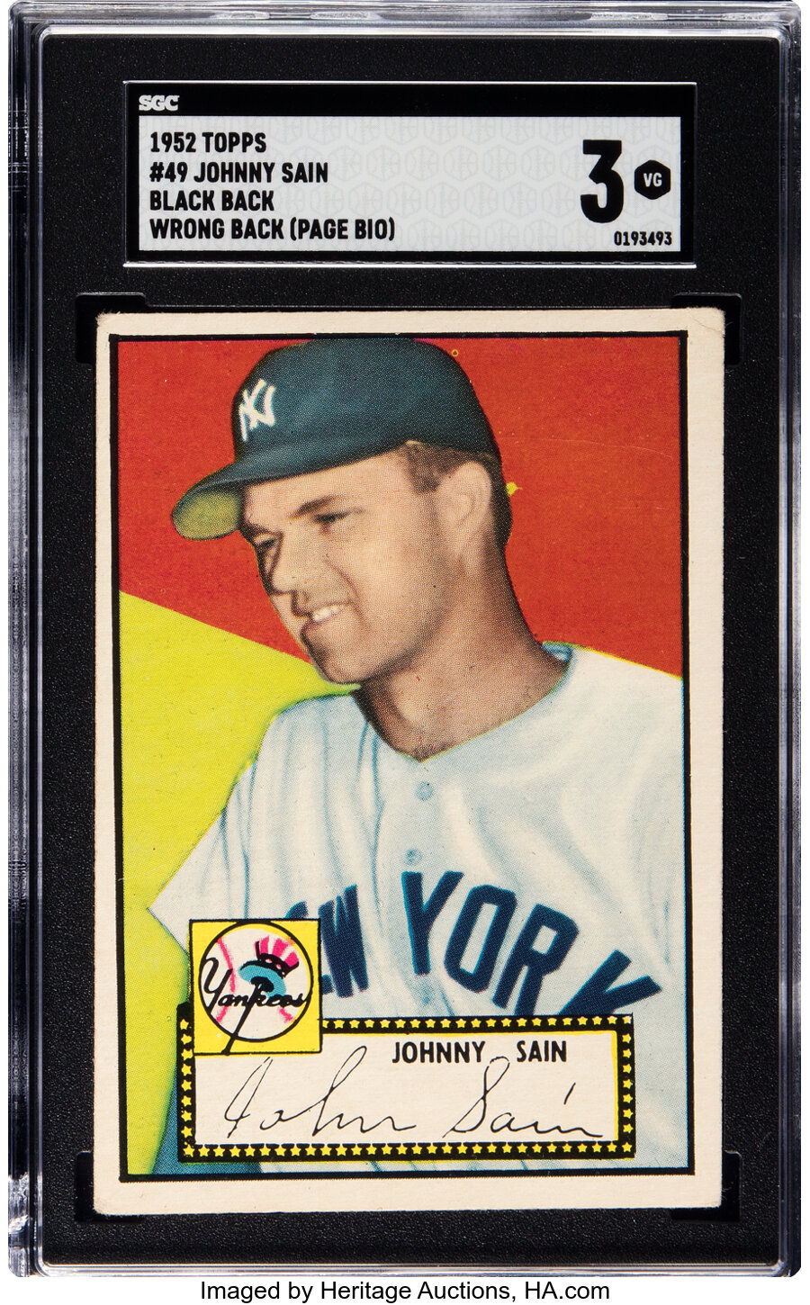 1952 Topps Johnny Sain (Black Back, Page Bio) #49 SGC VG 3