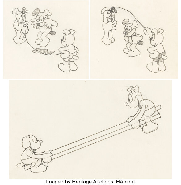 Alice's Mysterious Mystery Rare Playground Dogs Animation Drawing Group of 3 (Walt Disney, 1926).