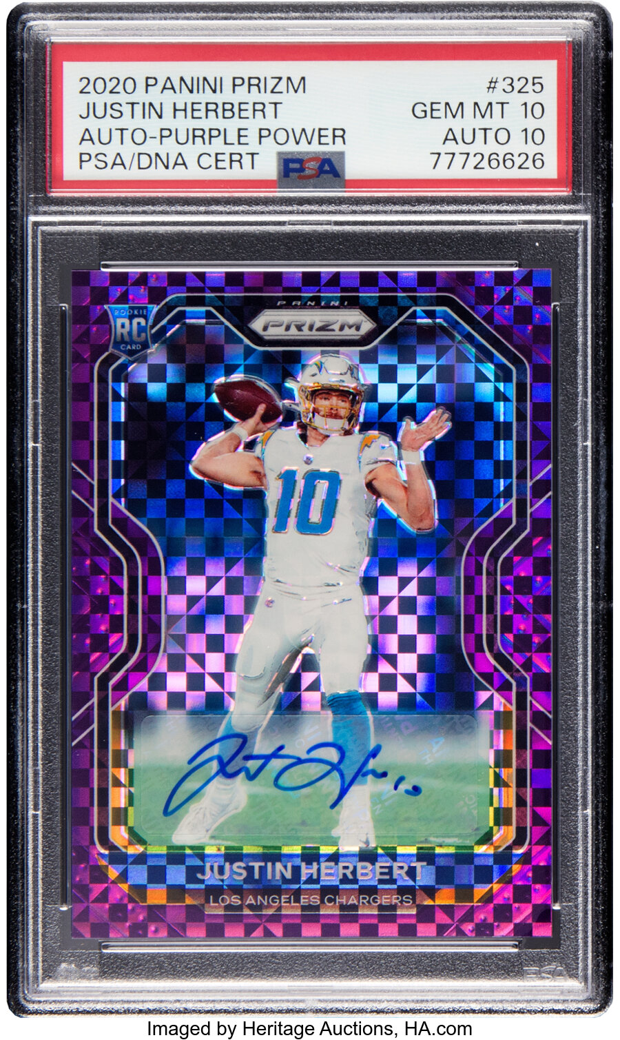 2020 Panini Prizm Justin Herbert (Autograph-Purple Power) Prizm Rookie #325 PSA Gem Mint 10, PSA/DNA Auto 10 - #'d 47/49 - Pop