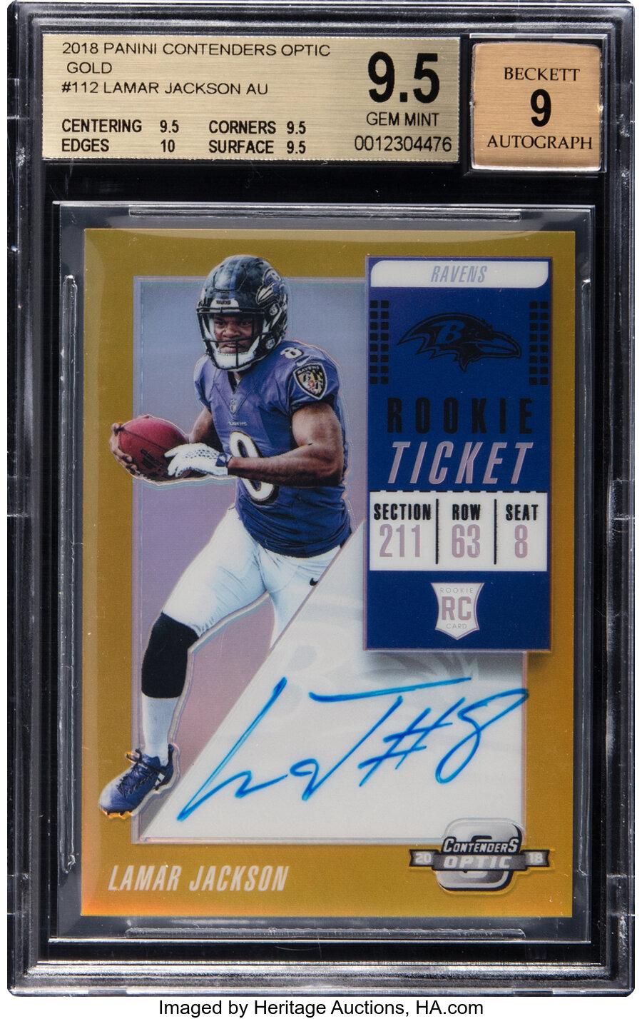 2018 Panini Contenders Optic Lamar Jackson (Gold Autograph) Rookie #112 BGS Gem Mint 9.5, Beckett Auto 9 - #'d 04/10