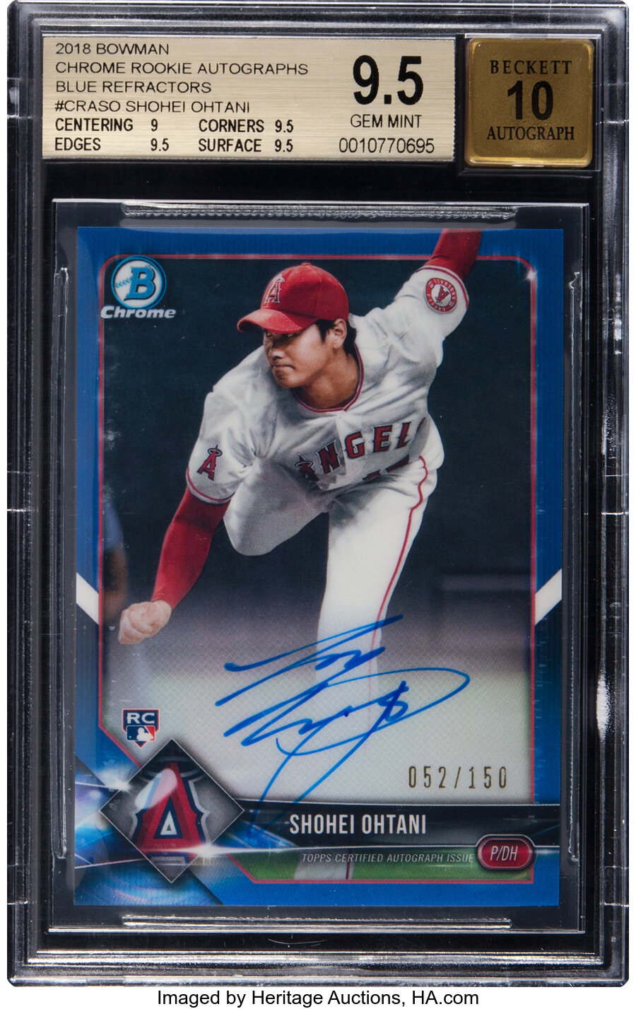 2018 Bowman Chrome Rookie Autographs Shohei Ohtani (Blue Refractors) #CRA-SO BGS Gem Mint 9.5, Becket Auto 10 - #'d 052/150