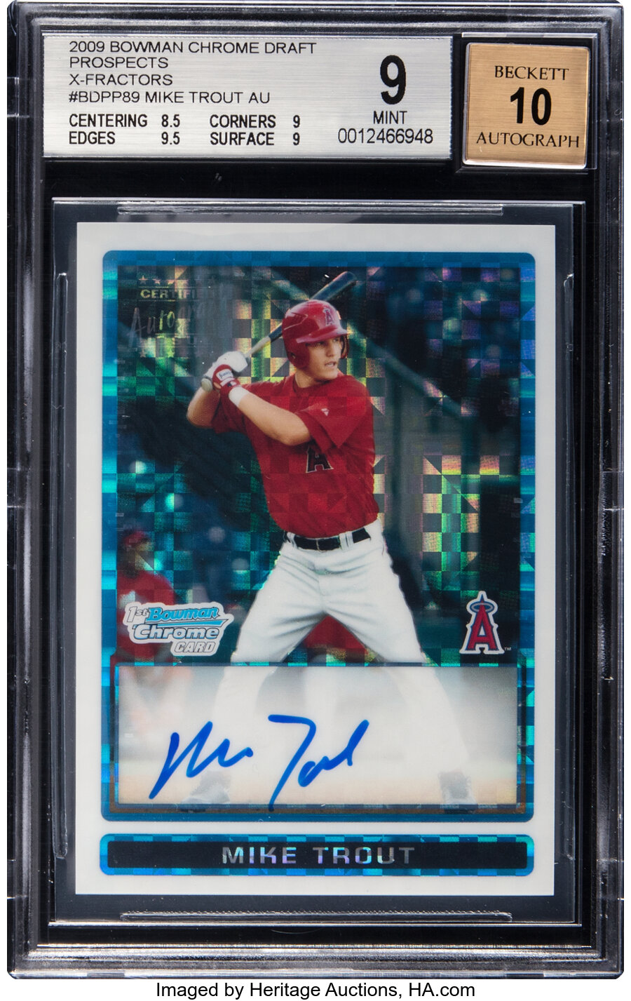 2009 Bowman Chrome Draft Prospects Mike Trout (X-Fractors Autograph) #BDPP89 BGS Mint 9, Beckett Auto 10 - #'d 054/225