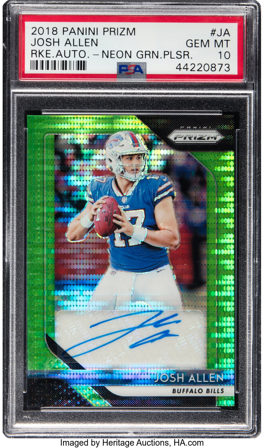 2018 Panini Prizm Josh Allen (Rookie Autograph-Neon Green Pulsar) Rookie #JA PSA Gem Mint 10