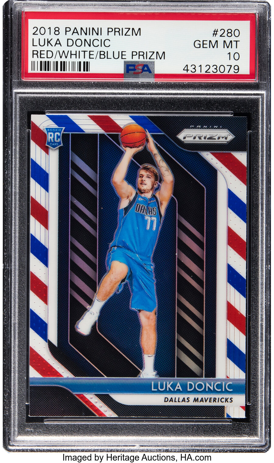 2018 Panini Prizm Luka Doncic (Red/White/Blue Prizm) Rookie #280 PSA Gem Mint 10