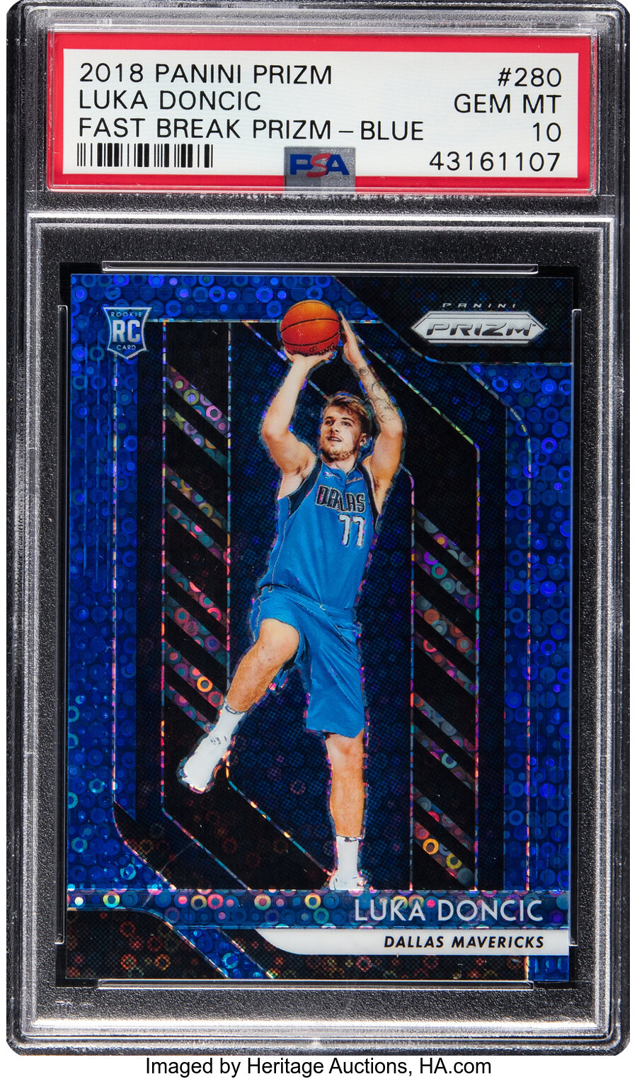 2018 Panini Prizm Luka Doncic (Fast Break Prizm-Blue) Rookie #280 PSA Gem Mint 10 - #'d 098/175