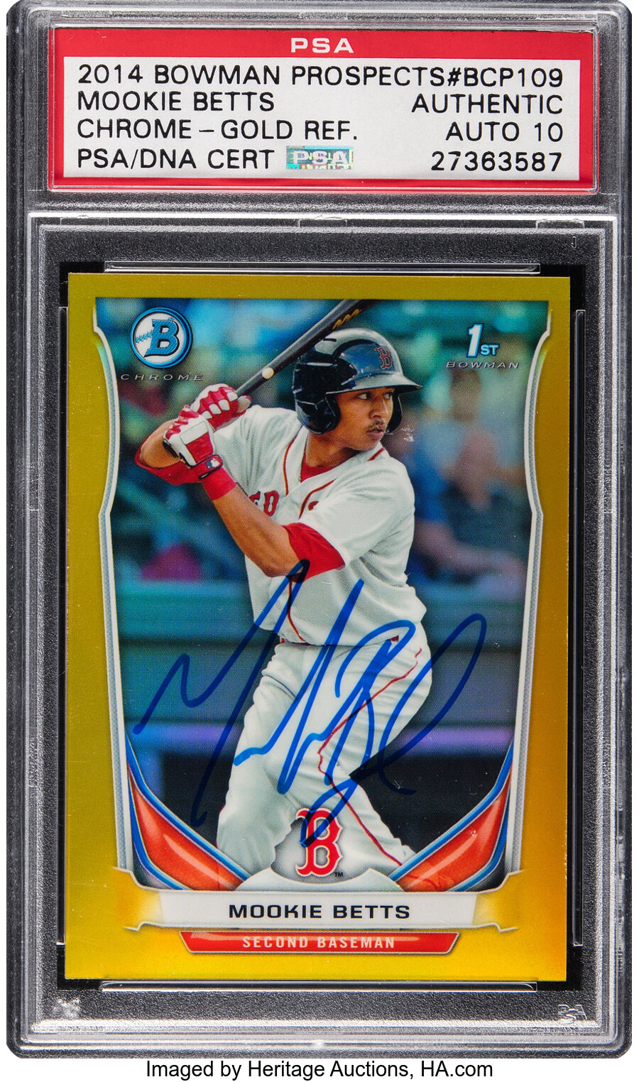 2014 Topps Bowman Prospects Mookie Betts (Chrome-Gold Refractor Autograph) #BCP109 PSA Authentic, PSA/DNA Auto 10 - #'d 13/50