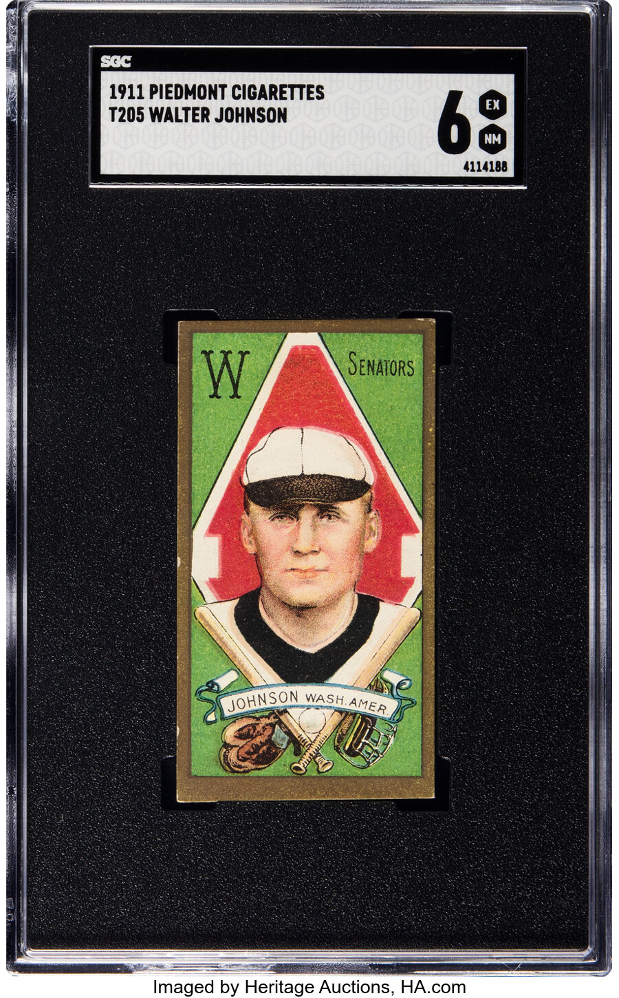 1911 T205 Piedmont Walter Johnson SGC EX-MT 6 - Pop Two, Two Higher