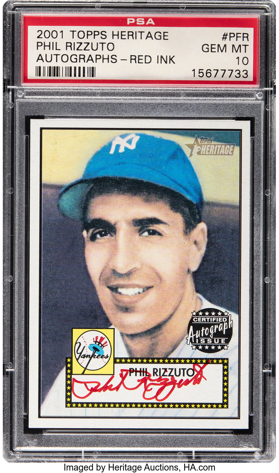 2001 Topps Heritage Phil Rizzuto (Autograph - Red Ink) #THA-PFR PSA Gem Mint 10 - #'d 35/52