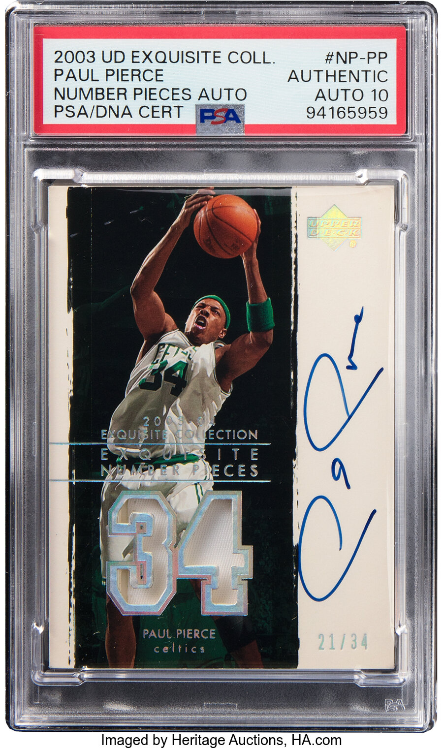 2003 Upper Deck Exquisite Collection Paul Pierce (Number Pieces Autograph) #NP-PP PSA Authentic, PSA/DNA Auto 10 - #'d 21/34 -