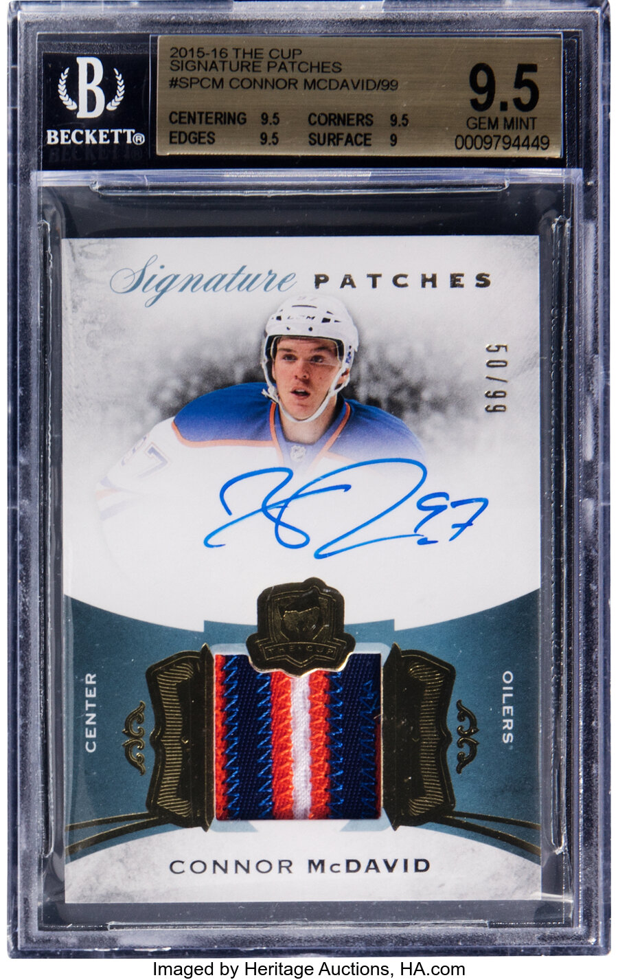 2015 Upper Deck The Cup Connor McDavid (Signature Patches) Autographed Rookie #SP-CM BGS Gem Mint 9.5, Auto 10 - #'d 50/99