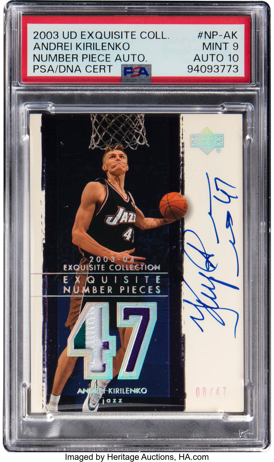 2003 Upper Deck Exquisite Collection Andrei Kirilenko (Number Piece Autograph) #NP-AK PSA Mint 9, PSA/DNA Auto 10 - #'d 08/47