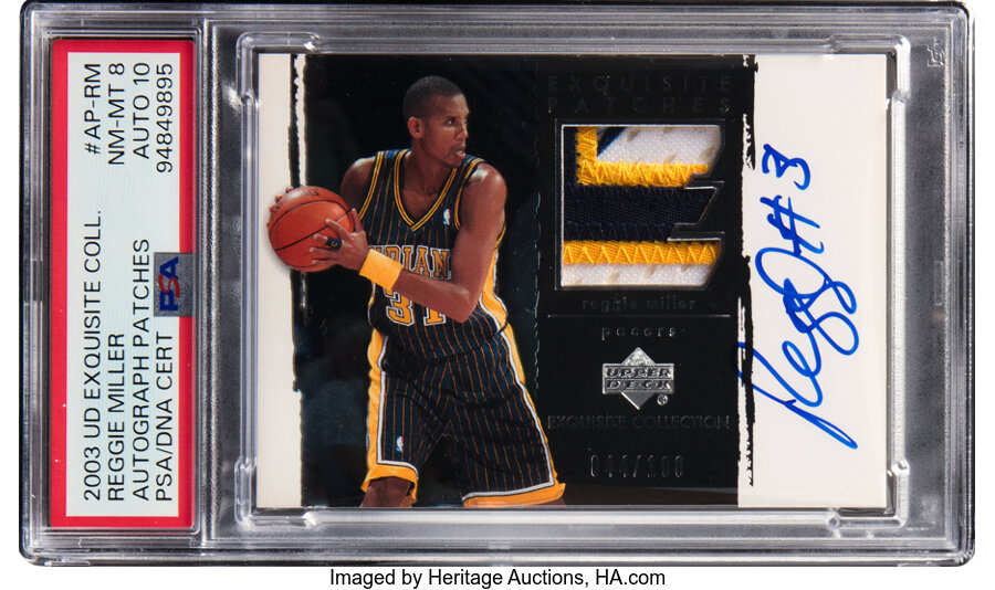 2003 Upper Deck Exquisite Collection Reggie Miller (Autograph Patches) #AP-RM PSA NM-MT 8, PSA/DNA Auto 10 - #'d 044/100 - Pop