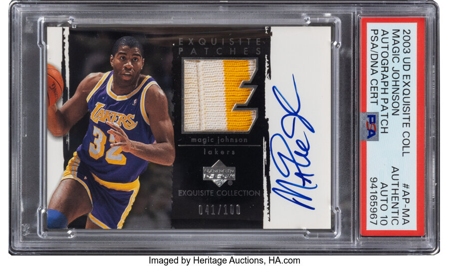 2003 Upper Deck Exquisite Collection Magic Johnson (Autograph Patch) #AP-MA PSA Authentic, PSA/DNA Auto 10 - #'d 041/100 - Fro