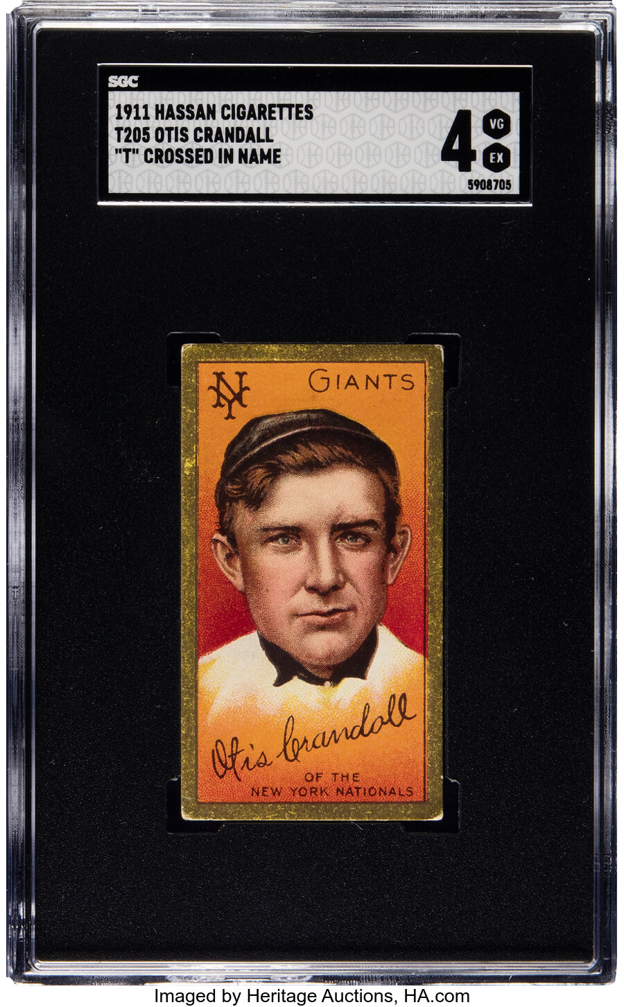 1911 T205 Hassan Cork Tip Otis Crandall ("T" Crossed) SGC VG-EX 4