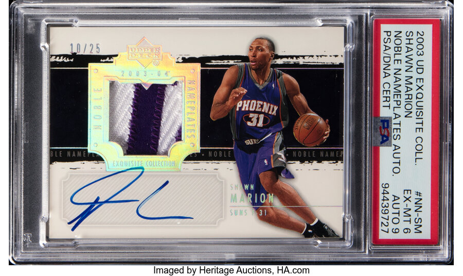 2003 Upper Deck Exquisite Collection Shawn Marion (Noble Nameplates Autograph) #NN-SM PSA EX-MT 6, PSA/DNA Auto 9 - #'d 10/25