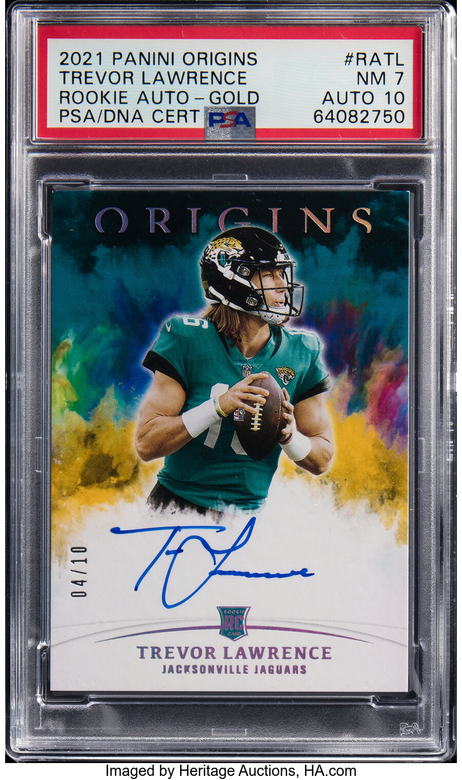 2021 Panini Origins Trevor Lawrence (Rookie Auto-Gold) #RATL PSA NM 7, PSA/DNA Auto 10 - #'d 04/10 - Pop One, Three Higher