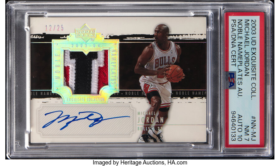 2003 Upper Deck Exquisite Collection Michael Jordan (Noble Nameplates Autograph) #NN-MJ PSA NM 7, PSA/DNA Auto 10 - #'d 12/25