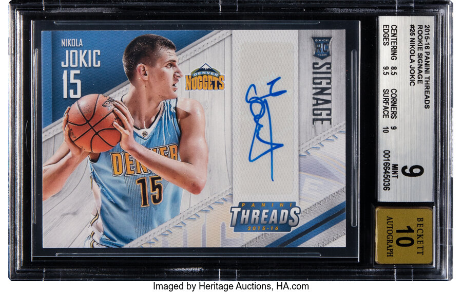 2015 Panini Threads Nikola Jokic (Rookie Signage) Autograph #25 BGS Mint 9, Beckett Auto 10