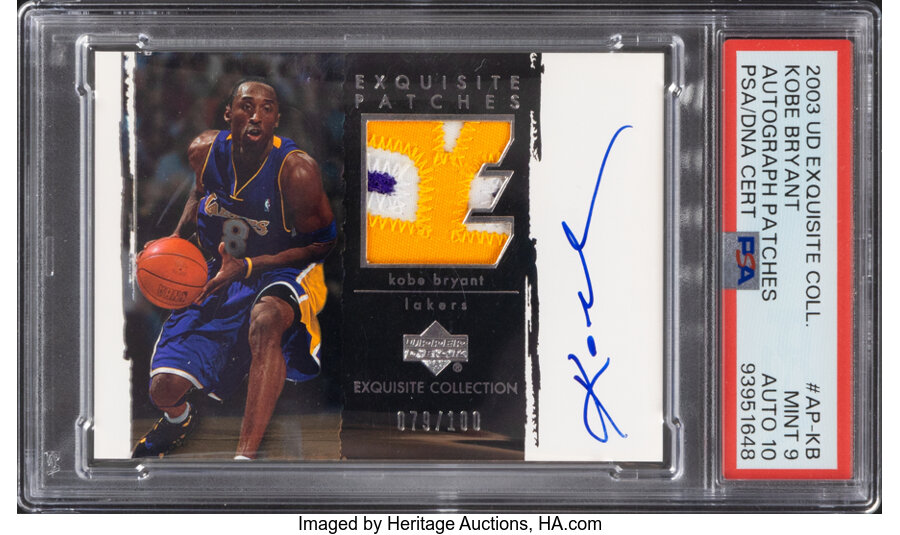 2003 Upper Deck Exquisite Collection Kobe Bryant (Autograph Patches) #AP-KB PSA Mint 9, PSA/DNA Auto 10 - #'d 079/100 - Pop On