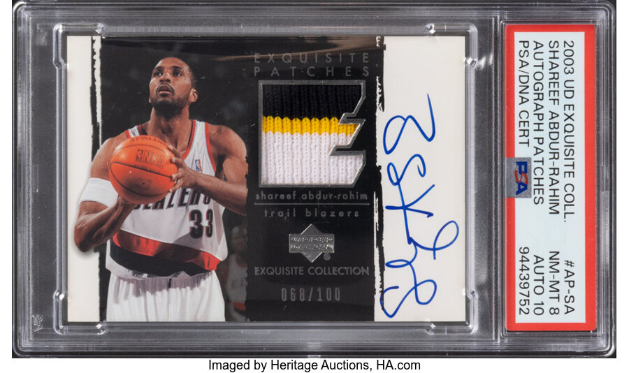 2003 Upper Deck Exquisite Collection Shareef Abdur-Rahim (Autograph Patches) #AP-SA PSA NM-MT 8, PSA/DNA Auto 10 - #'d 068/100