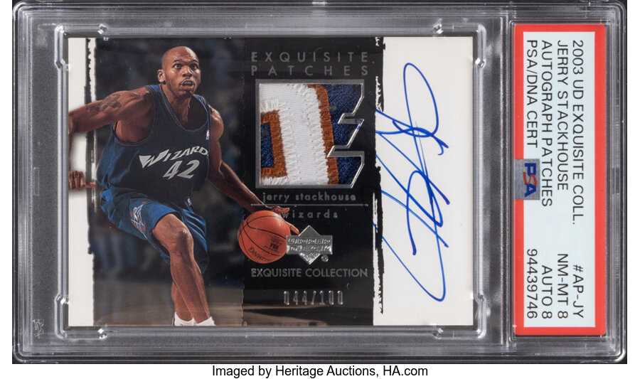 2003 Upper Deck Exquisite Collection Jerry Stackhouse (Autograph Patches) #AP-JY PSA NM-MT 8, PSA/DNA Auto 8 - #'d 044/100 - P