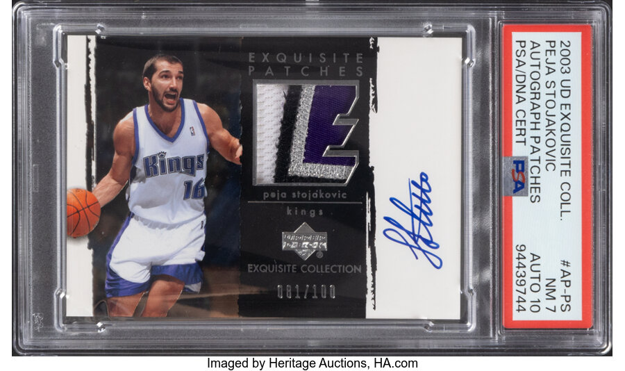 2003 Upper Deck Exquisite Collection Peja Stojakovic (Autograph Patches) #AP-PS PSA NM 7, PSA/DNA Auto 10 - #'d 081/100 - From