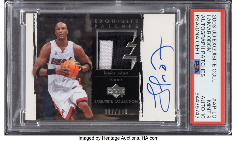 2003 Upper Deck Exquisite Collection Lamar Odom (Autograph Patches) #AP-LO PSA Mint 9, PSA/DNA Auto 10 - #'d 097/100 - Pop One