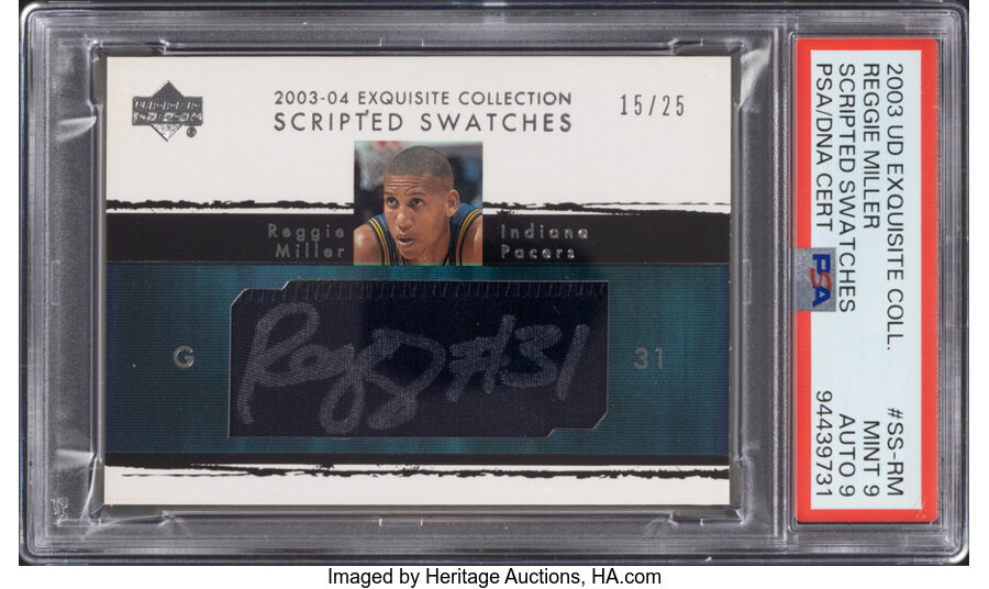 2003 Upper Deck Exquisite Collection Reggie Miller (Scripted Swatches) #SS-RM PSA Mint 9, PSA/DNA Auto 9 - #'d 15/25 - Pop One