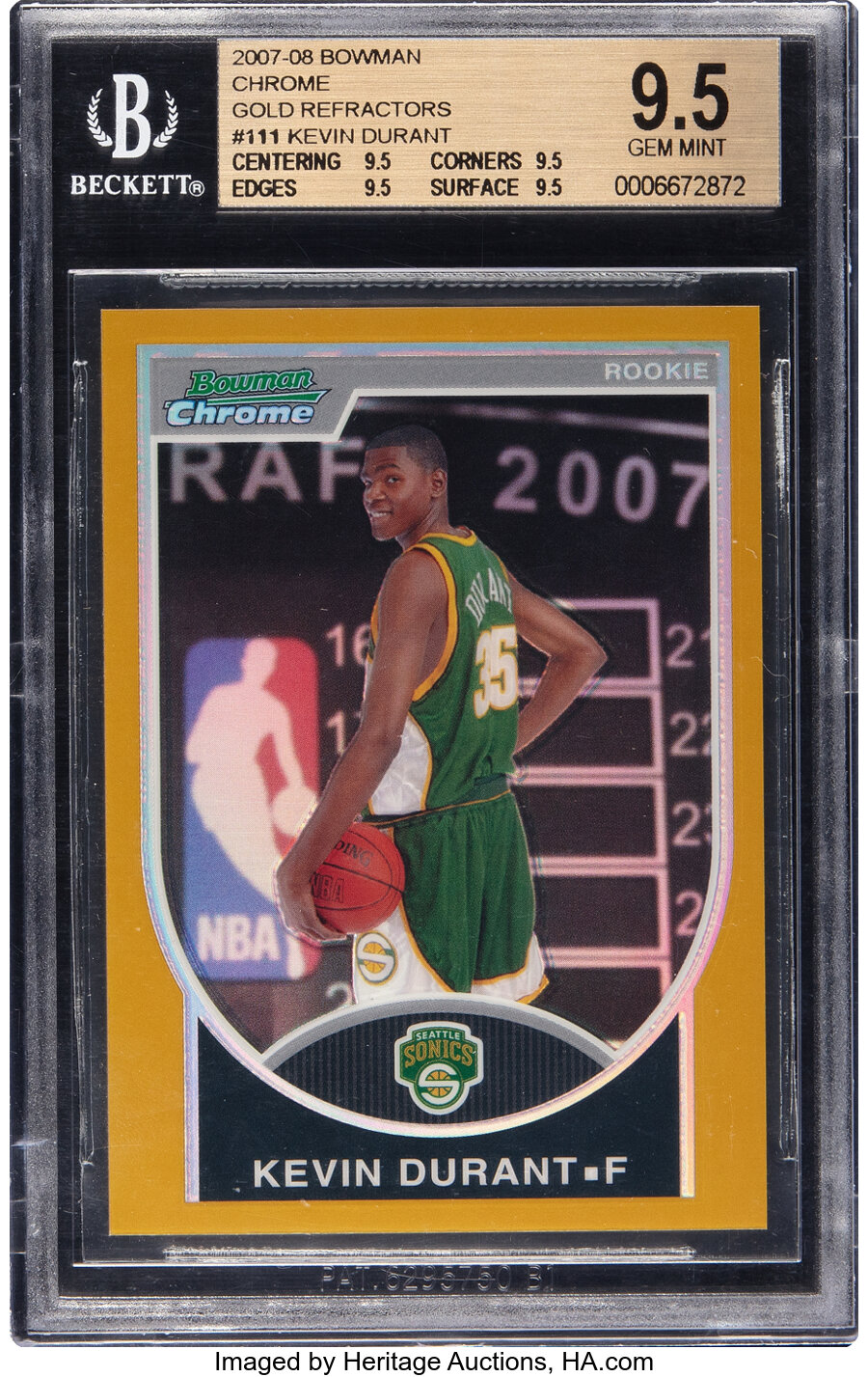 2007 Topps Bowman Chrome Kevin Durant (Gold Refractors) Rookie #111 BGS Gem Mint 9.5 - #'d 92/99