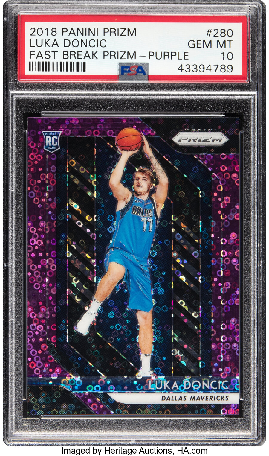 2018 Panini Prizm Luka Doncic (Fast Break Prizm-Purple) Rookie #280 PSA Gem Mint 10 - #'d 25/75