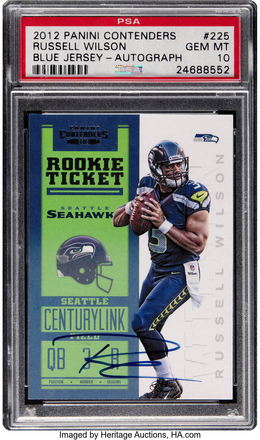 2012 Panini Contenders Russell Wilson (Blue Jersey-Autograph) Rookie #225 PSA Gem Mint 10