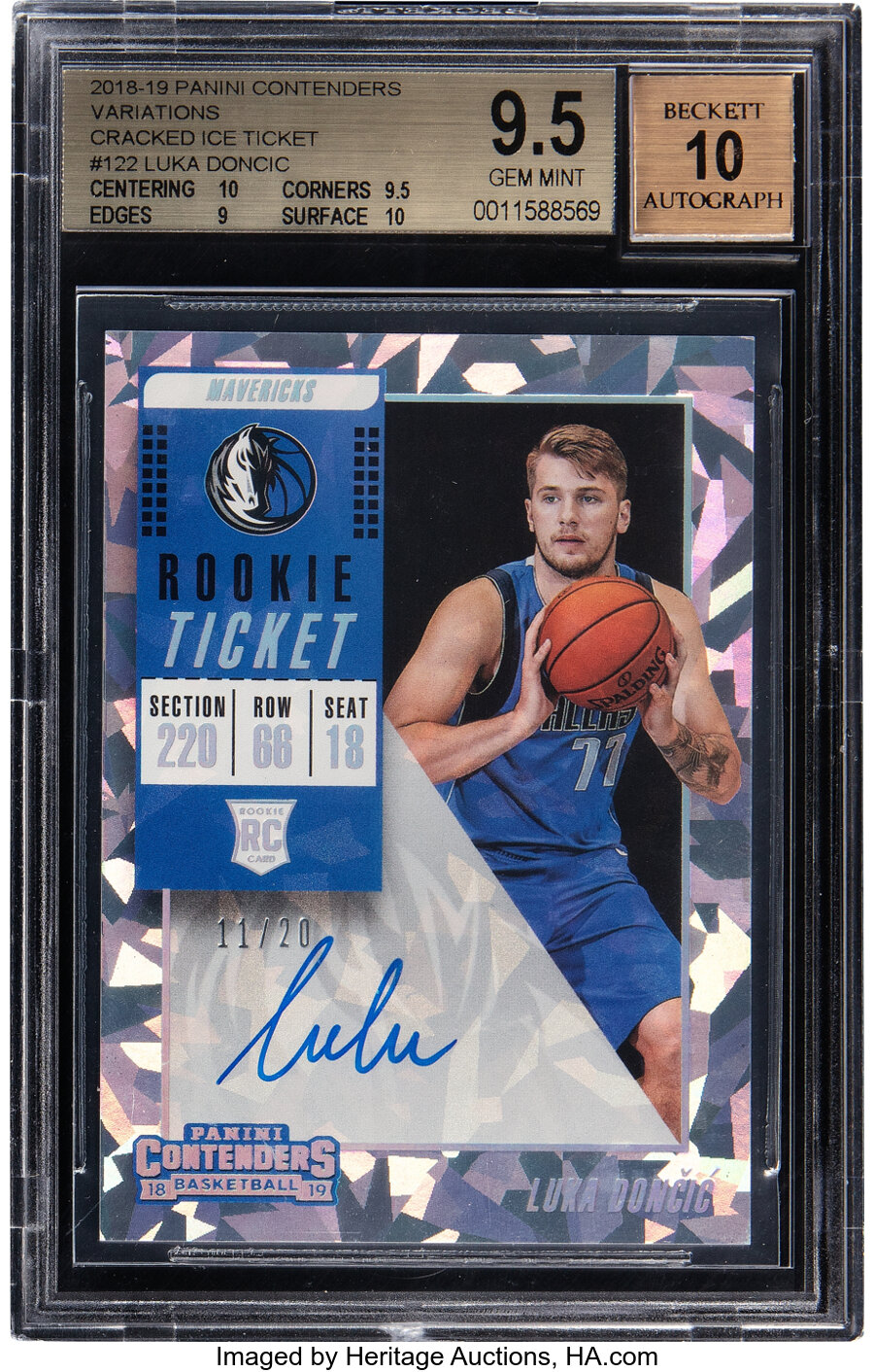 2018 Panini Contenders Variations Cracked Ice Ticket Luka Doncic Autographed Rookie #122 BGS Gem Mint 9.5, Auto 10 - #/d 11/20