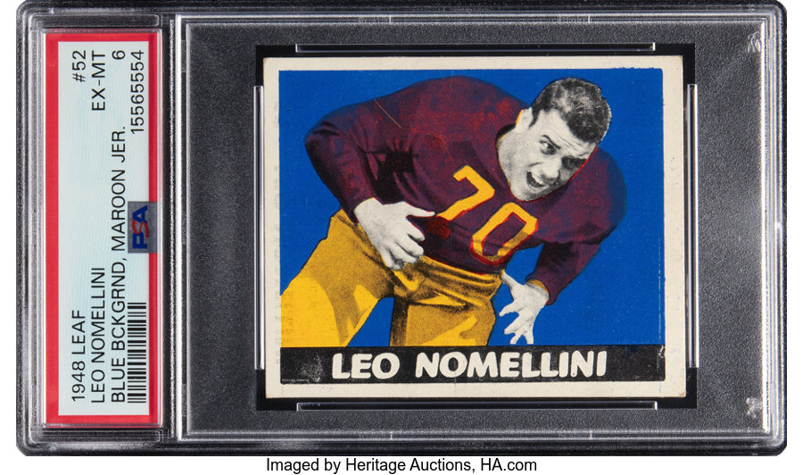 1948 Leaf Leo Nomellini (Blue Background, Maroon Jersey) Rookie #52 PSA EX-MT 6