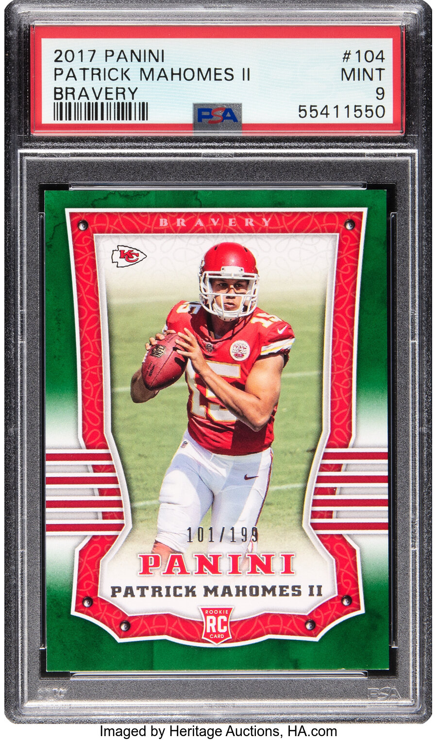 2017 Panini Patrick Mahomes II Rookie (Bravery) #104 PSA Mint 9 - #'d 101/199 - Three Higher!