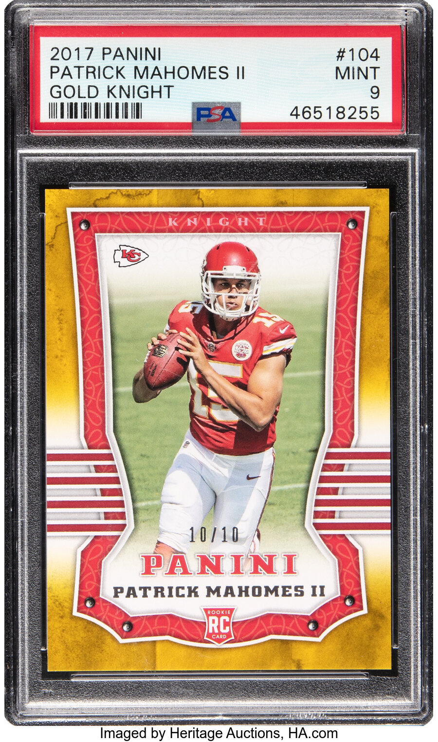 2017 Panini Patrick Mahomes II (Gold Knight) Rookie #104 PSA Mint 9 - #'d 10/10 - Pop One, None Higher!