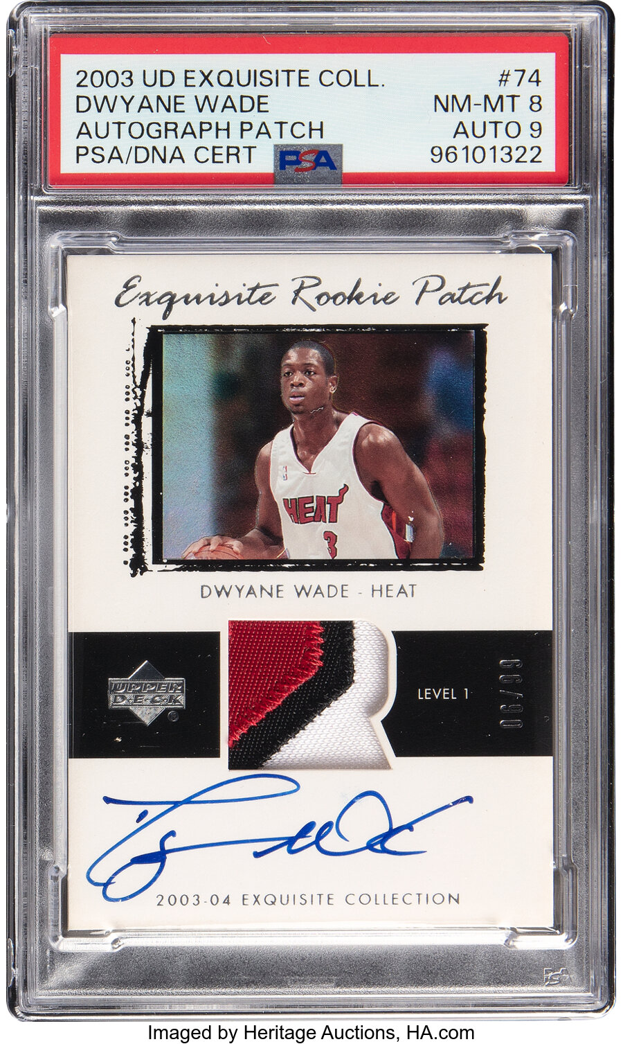 2003 Upper Deck Exquisite Collection Dwyane Wade (Autograph Patch) Rookie #74 PSA NM-MT 8, PSA/DNA Auto 9 - #'d 06/99 - From t