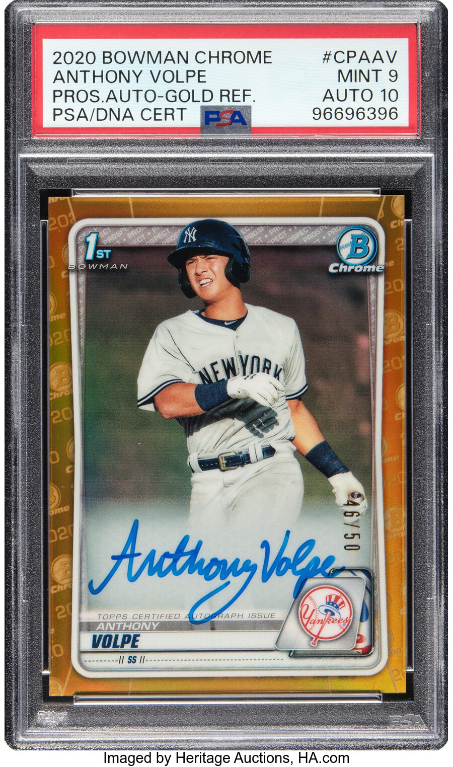 2020 Topps Bowman Chrome Anthony Volpe (Prospects Autograph-Gold Refractor) #CPAAV PSA Mint 9, PSA/DNA Auto 10 - #46/50